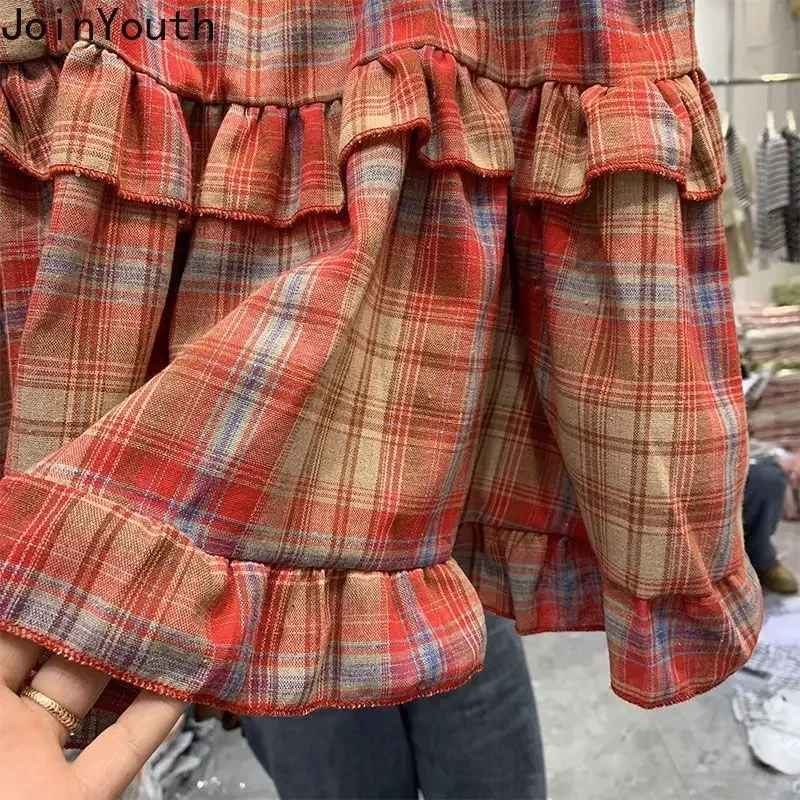 Blouse for Women 2024 Fashion Ruffles Blusas De Mujer Square Collar Sleeveless Plaid Shirts Bandage Folds Summer Blouses Tops