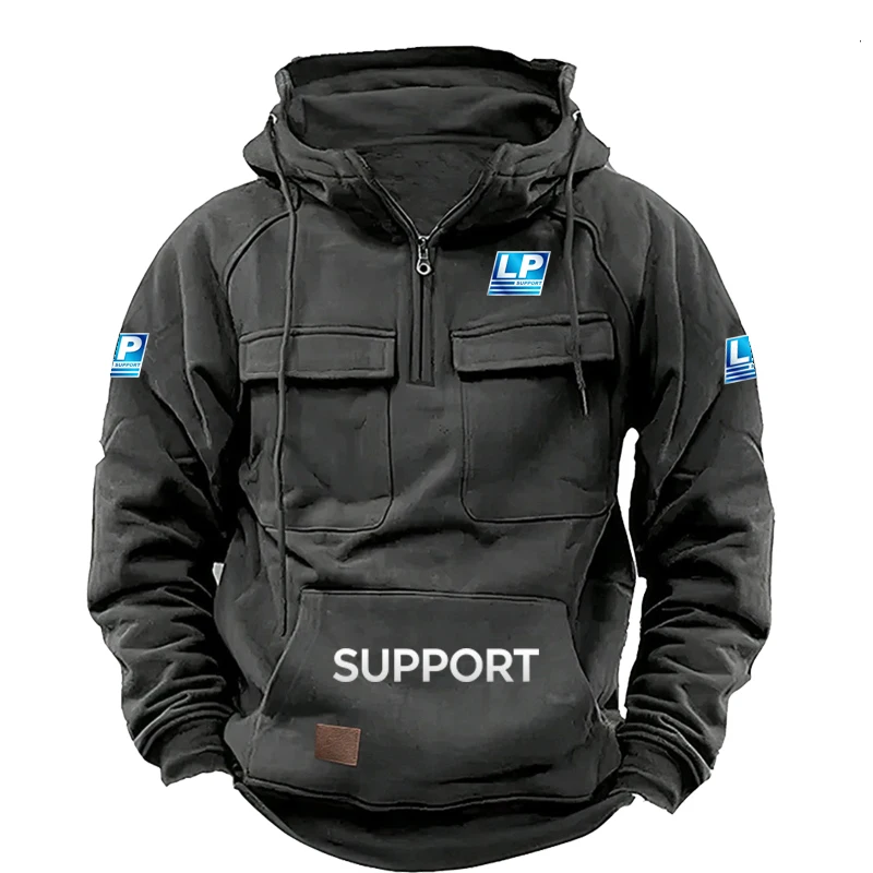 

2026 LP SUPPORT logo New autumn-winter men's hooded solid-color casual hoodie - fashionable young man's multi-pocket patch hood