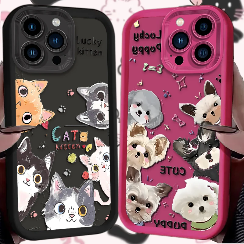 Lovely Cartoon Cat Dog Phone Case for iPhone 16 15 14 13 12 11 Pro Max XS X XR 8 7 6S Plus SE 2020 Silicone Shockproof Funda