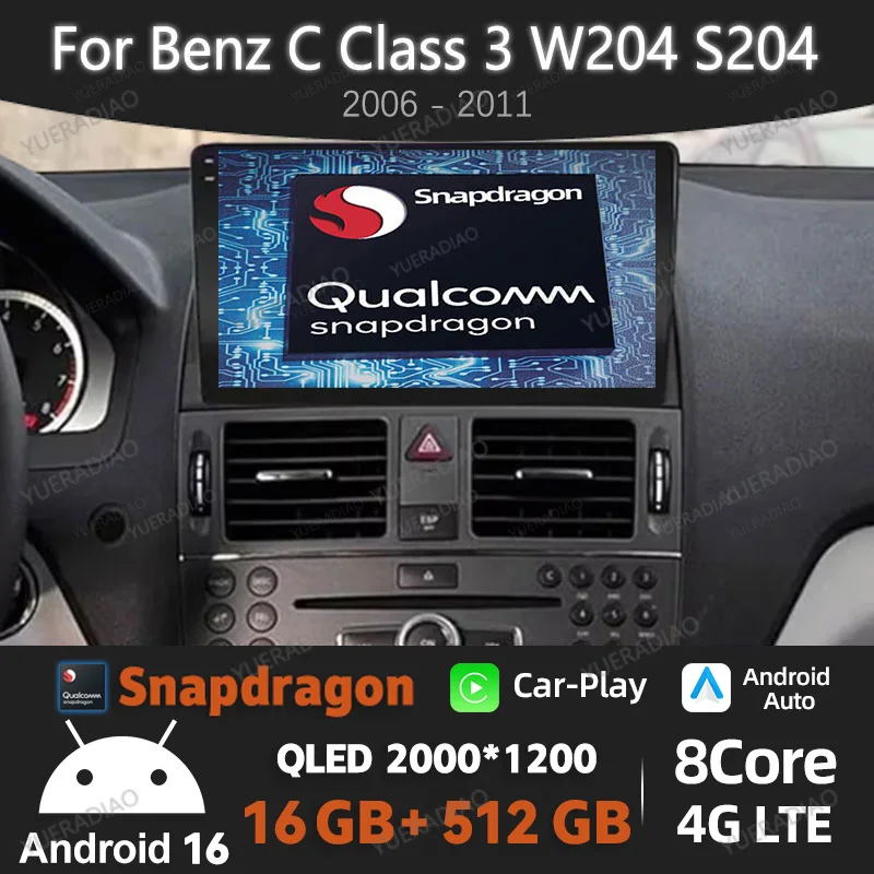 Autoradio Android 16 pour Mercedes Benz classe C 3 C220 C180 W204 S204 2006 - 2011, Carplay Auto 4G WIFI, lecteur vidéo multimédia BT