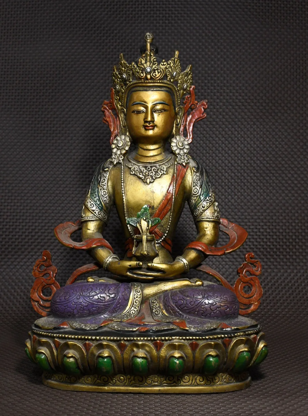 Tibetan Brass Gilt Painting Face Longevity Buddha Tara Guanyin Buddha Statue Ornament Home Supplies Incense Case 33 cm