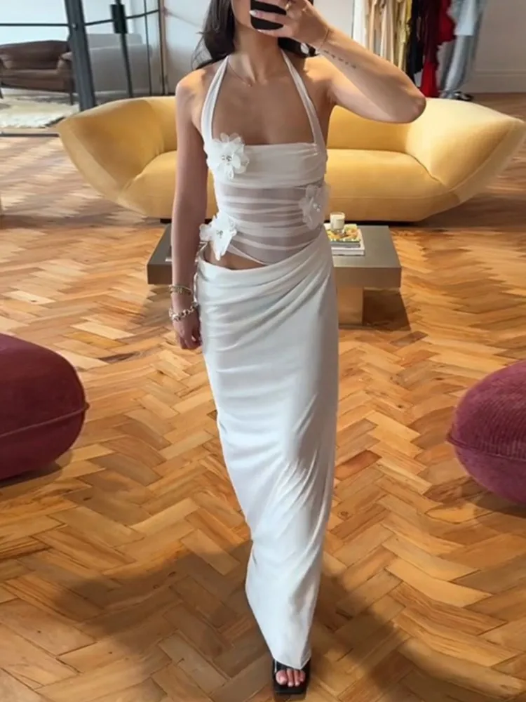 

Women's Clothing New Fashion Stitching Simple Solid Color Dress Summer Elegant Flower Temperament Hanging Neck Slim Waist Dress