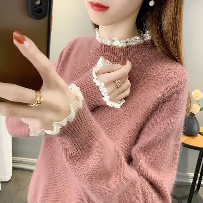 Women's Sweater Mesh Pullovers Knit Tops for Woman Gigh Neck Jerseys Turtleneck Black Y2k Fashion Korea Tricot Blouse Sale Warm