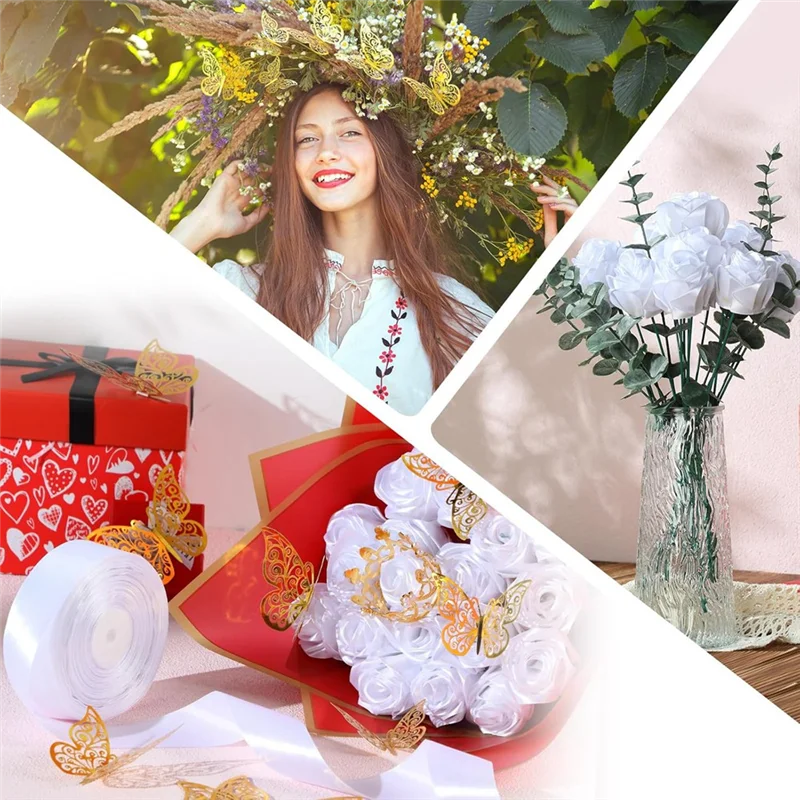 

RALCA-74 шт. DIY букет искусственных роз искусственная лента букет цветов 1-1/2 дюйма атласная лента с золотым краем оберточная бумага