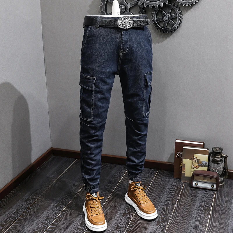 

Fashion Streetwear Men Jeans Retro Black Blue Stretch Casual Denim Cargo Pants Hombre Big Pocket Designer Hip Hop Joggers Men