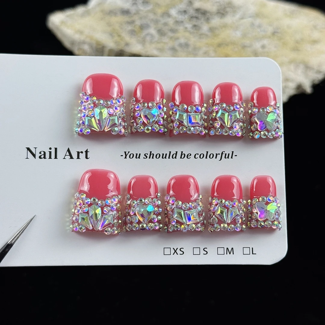 10pcs high-end Sweet and cool girl style, hand-painted three-dimensional heart-shaped diamonds, full of diamonds handmade fake