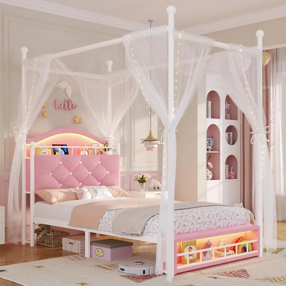 إطار سرير مزدوج المظلة مع أضواء LED ومحطة شحن، سرير بمنصة منجدة مخملية للفتيات، لوح رأسي مع Ch