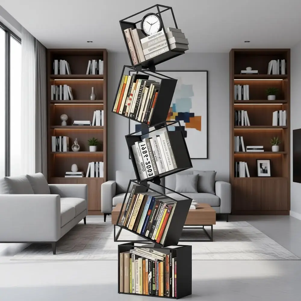 

5-уровневая тонкая металлическая книжная полка — компактное хранилище для гостиной, спальни, офиса — черный