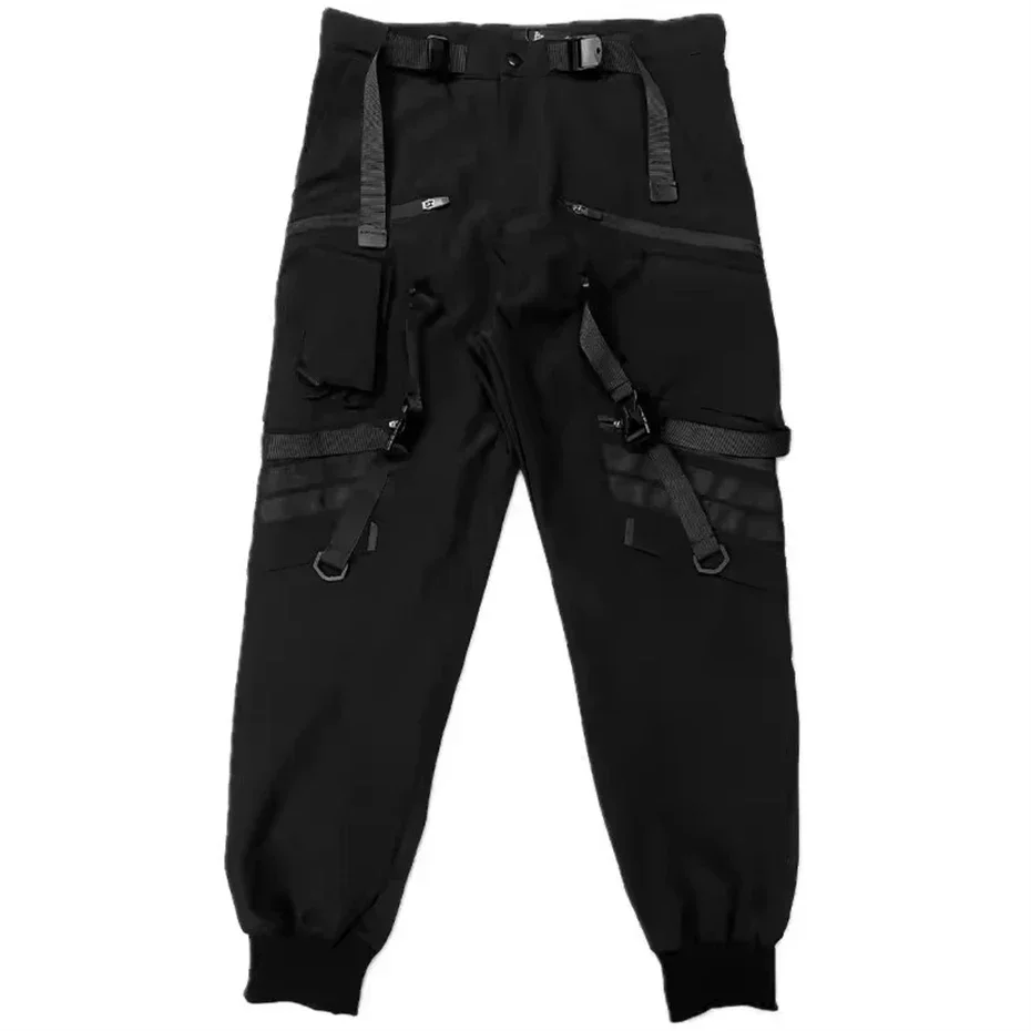 Pantalones Cargo tácticos de Hip Hop para hombre, pantalones para correr con cintas, cintura elástica funcional, ropa de calle a la moda, primavera 2025