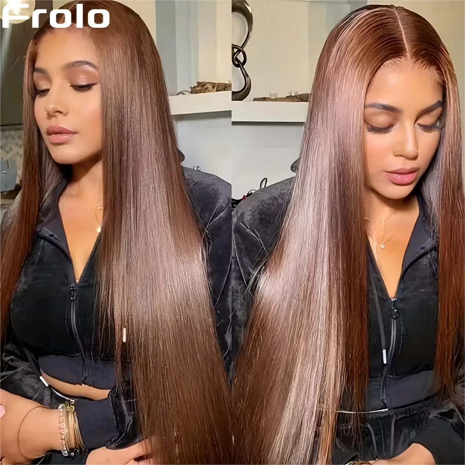 

30-дюймовые шоколадно-коричневые прямые парики из натуральных волос 13X6 Hd, прозрачные кружевные фронтальные парики, предварительно выщипанные цветные бразильские волосы, плотность 230