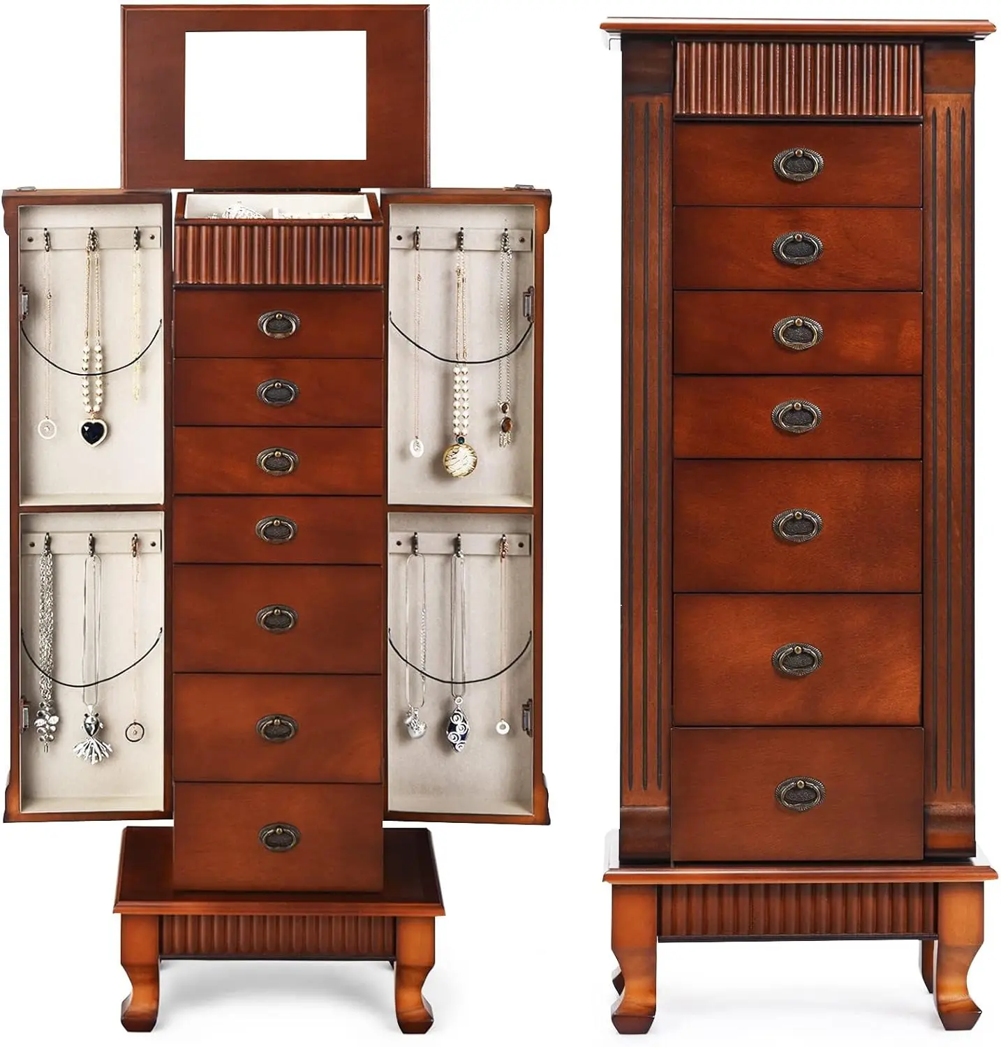 

Jewelry Armoire Cabinet, Wooden Jewelry Storage Chest with 7 Drawers, 2 Side Doors, Flip-up Mirror & Top Divided Organizer,