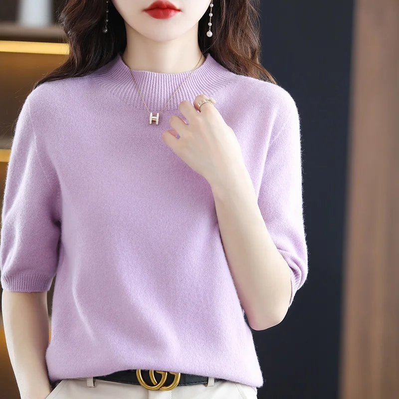 Women\'s Short Sleeve Seamless Cashmere Sweater Knitted 100% Pure Wool 2022 Spring Half Sleeve Fashion Korean Outerwear Pullover