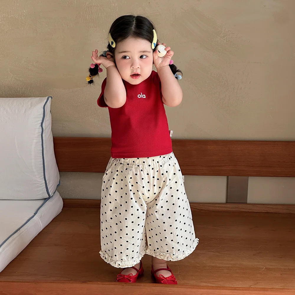 Girls Capri Pants 2026 New Summer Thin Polka Dot Ruffle Trim Cute Casual Soft Breathable Toddler Kids Outdoor Daily Wear 1-4Y