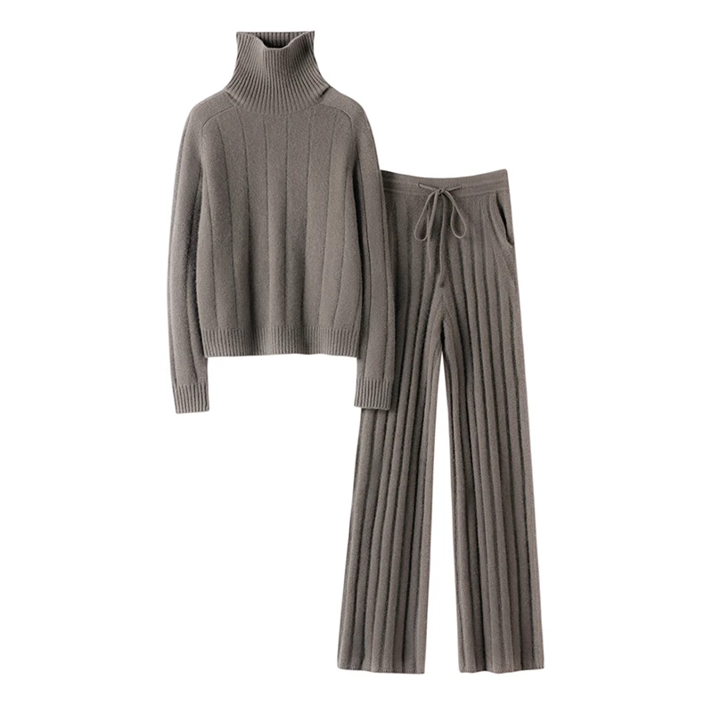 100% Pure Cashmere Women'S Suit With High Collar Ribbed Knit Top And High-Waisted Straight-Leg Pants Two-Piece Set