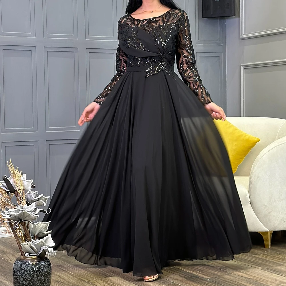 

Customized A-line Evening Dresses Ankle-length Scoop-neck Full Sleeve Prom Gown Fashion Sequined Simple Draped Party Gown