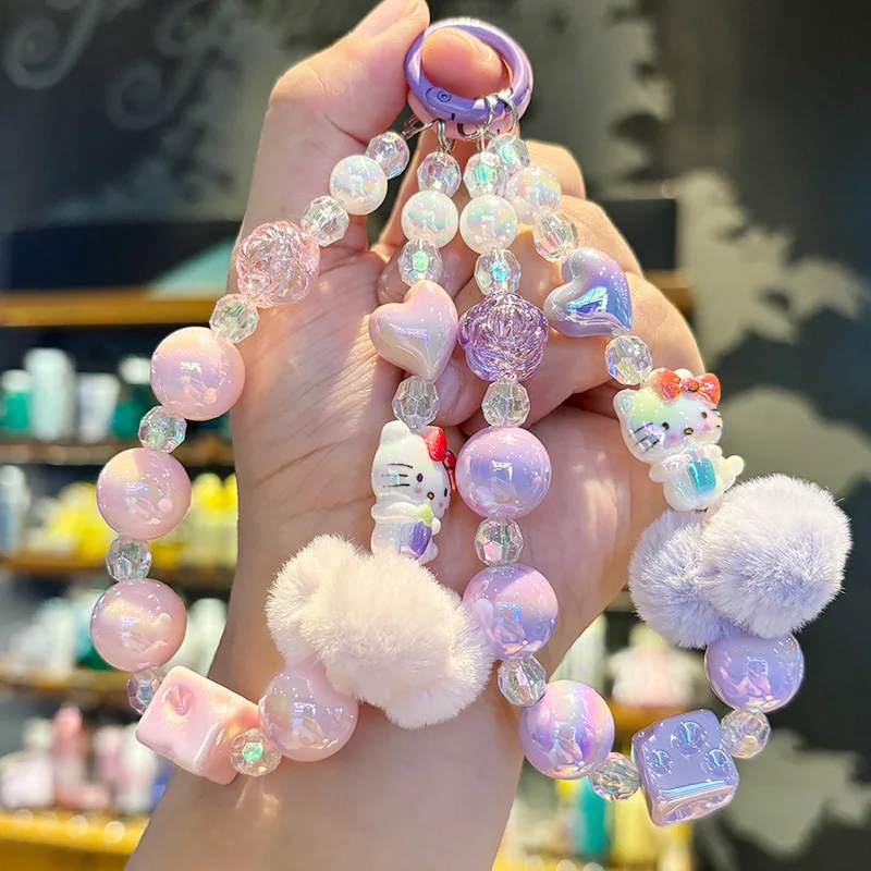 

New Kawaii Anime Sanrio Hello Kitty Hairball Beaded Mobile Phone Chain, Lanyard, Bag Pendant Accessories, Car Keychain, Gifts