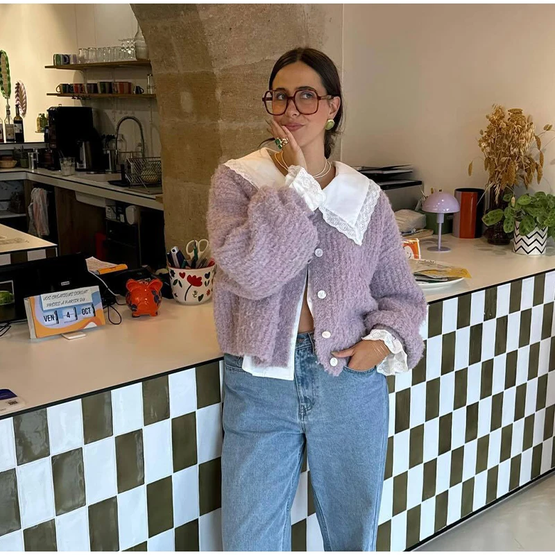 Retro Plush Single Breasted Cardigan Women Elegant Loose Solid O-neck Short Sweaters Female Winter Autumn Chic Street Knitwear