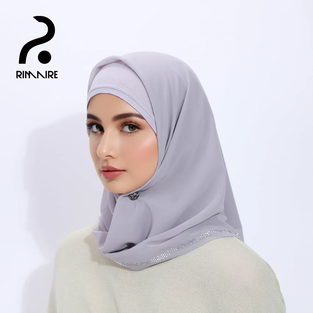 RIMAIRE Fashionable Muslim Hijab with Feather Pattern Artificial Diamond Decoration Pure Color Breathable Square Scarf