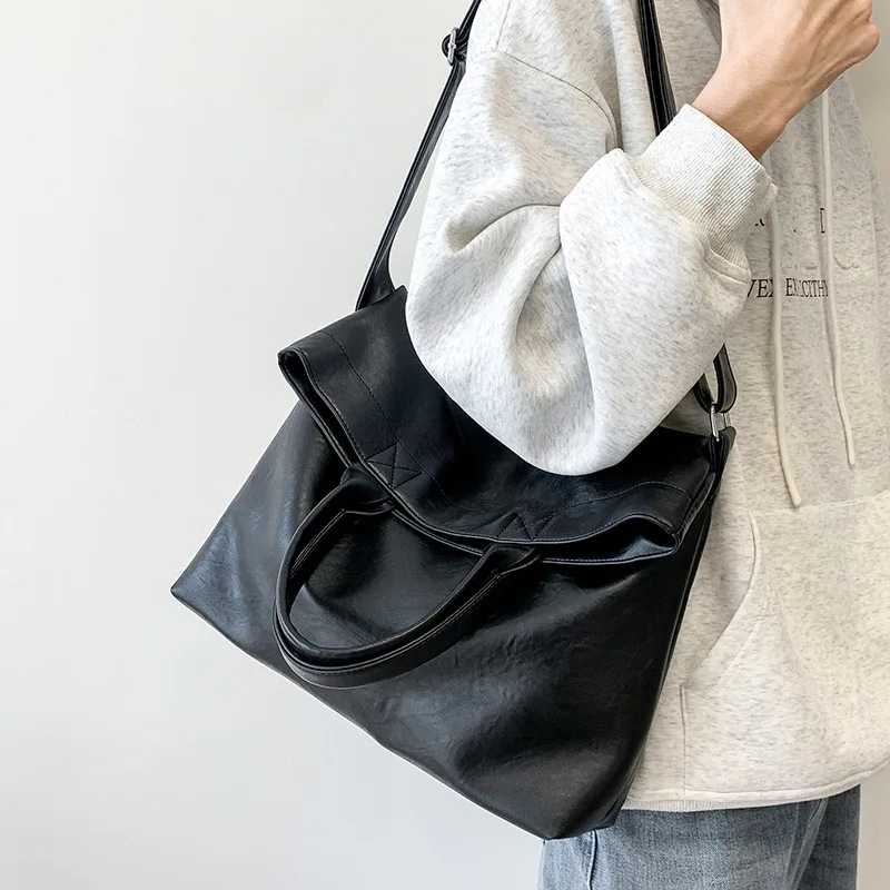 Unisex PU Leather Flap Tote Bag Large Capacity Casual Handbag Men Women Shoulder Crossbody Bag