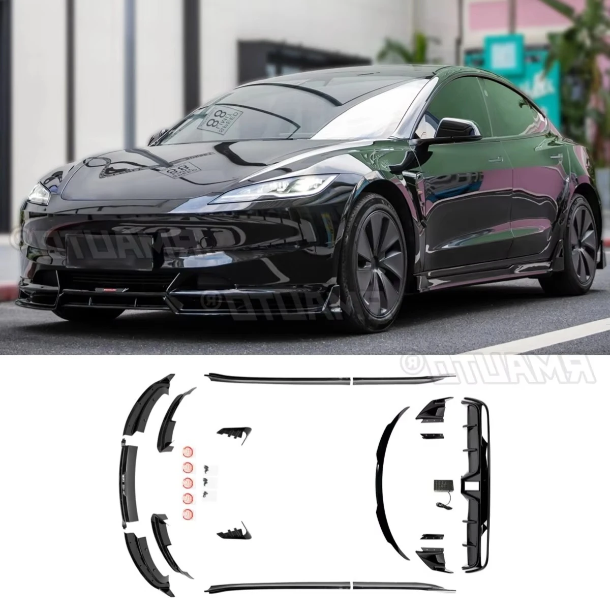 

Для Tesla Model 3 2024 + BATTLE EDITION Автомобильный передний и задний бампер, спойлер заднего багажника, боковая юбка, бампер, угловая защита