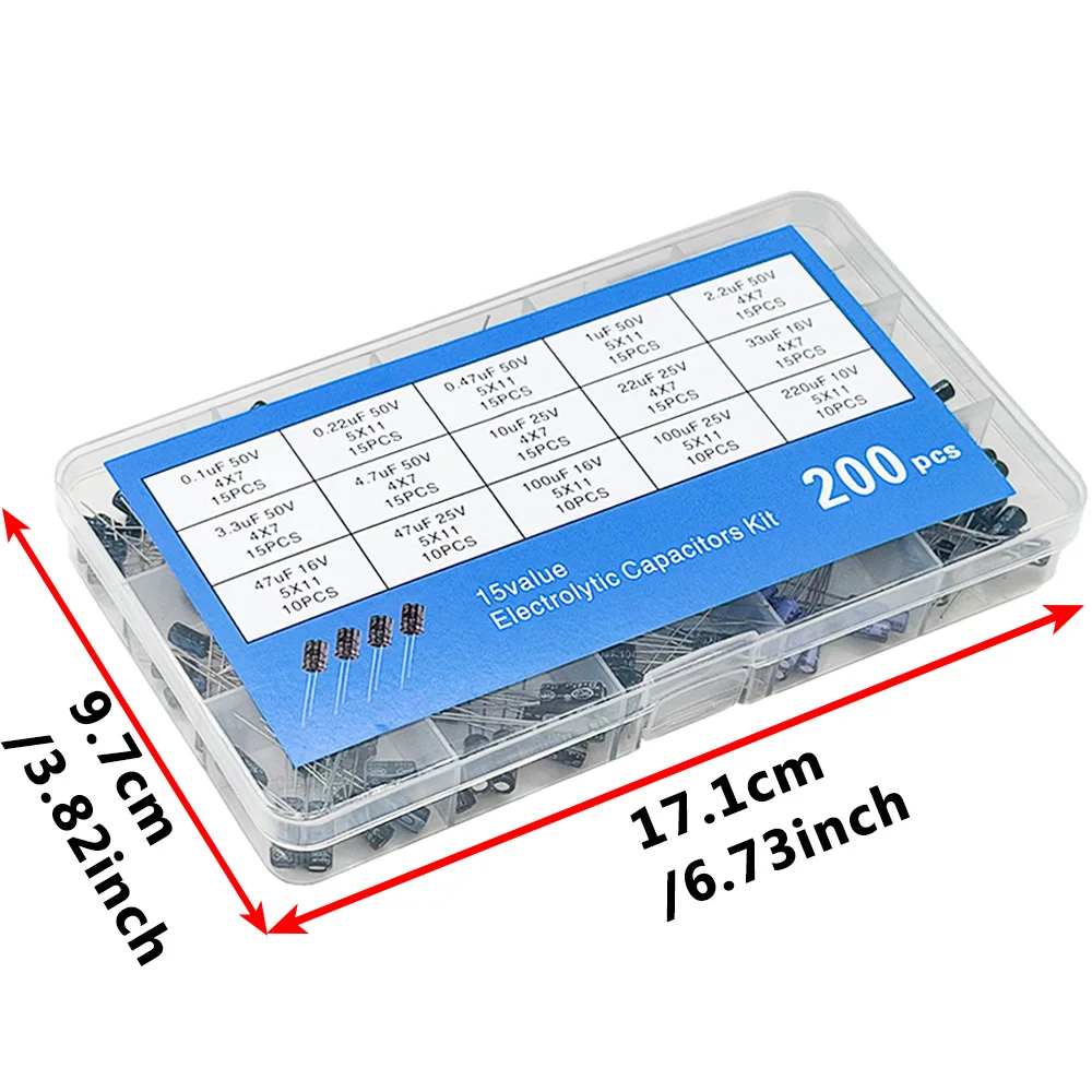 200PCS 15 Values Electrolytic Capacitor Assortment Kit 10V 16V 25V 50V 0.1uF-220uF  0.22uf 2.2uf 100uf Radial capacitors set