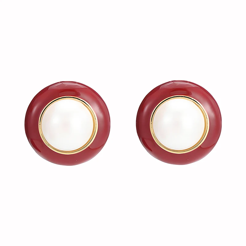 

Elegant Pearl Stud Earrings Light Luxury Jewelry Minimalist Hong Kong Style Wine Red Glazed Geometric Design Earrings for Women
