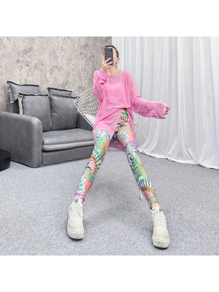 High Waist Mesh Print Women's Elastic Sun Protection Pants Slim Fit Nine Point Pants Summer Elastic Waist Bottoming Trousers