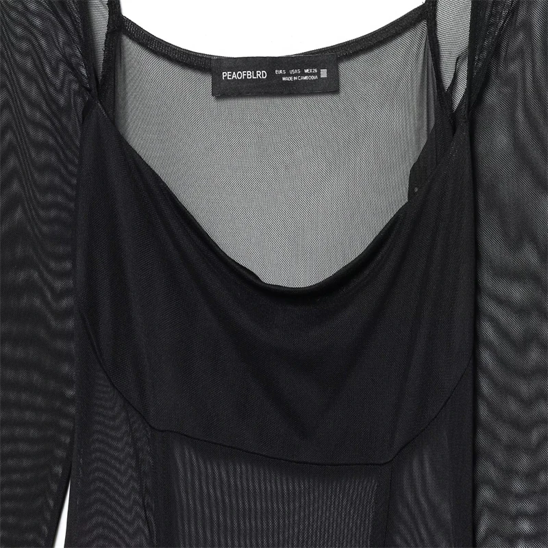 Robe longue en maille noire à manches longues pour femmes – Col carré, taille froncée, robe de soirée transparente et élégante
