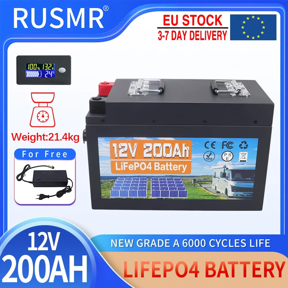 12V 200ah Lifepo4 Lithium Iron Phosphate Rechargeable Battery Pack Built-in BMS For Outdoor Camping,Golf Cart,Solar With Charger