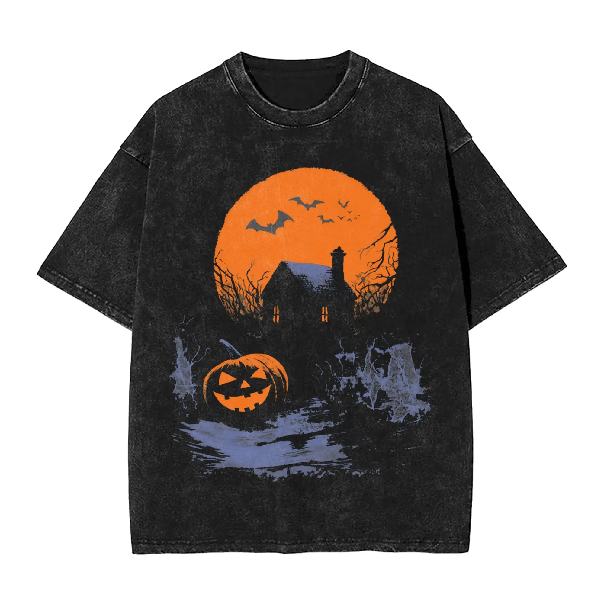 Halloween The Moon Is Calling  Washed T-Shirt Male  Y2K Fun Cotton T-Shirts Summer Breathable Hip Hop Tees Loose Oversized Tops