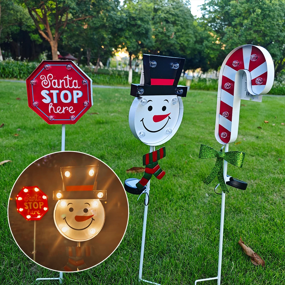 Solar Christmas Snowman Ground Lights, LED Garden Lawn Lights, Iron Candy Cane Decorative Lights