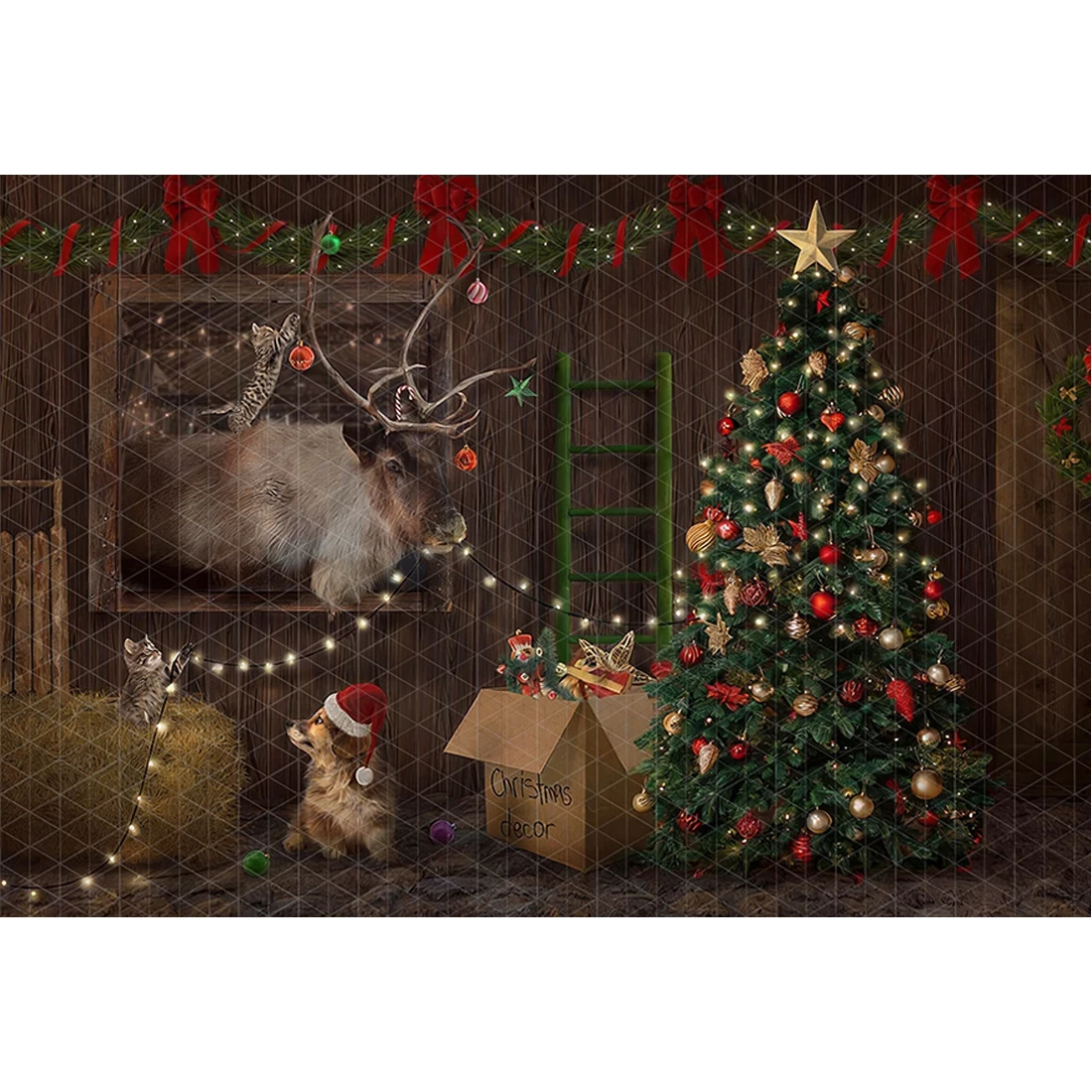 Christmas Barn Door Backdrop Snow Reindeer Xmas Tree Red Gift Box Farm Winter Holiday Photo Studio Decor Kids Portrait Props