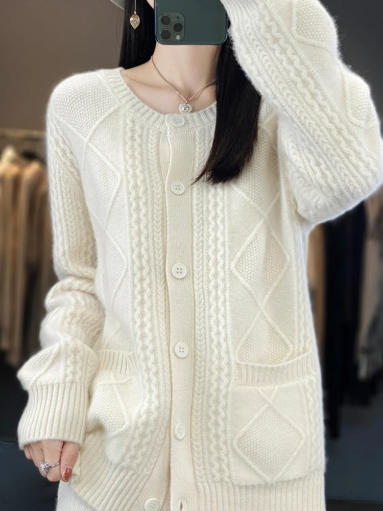 

New Chic Autumn Winter Women‘s O-neck Grace Cardigan Sweater 100% Merino Wool Solid Cashmere Knitted Female Clothing Basic Tops