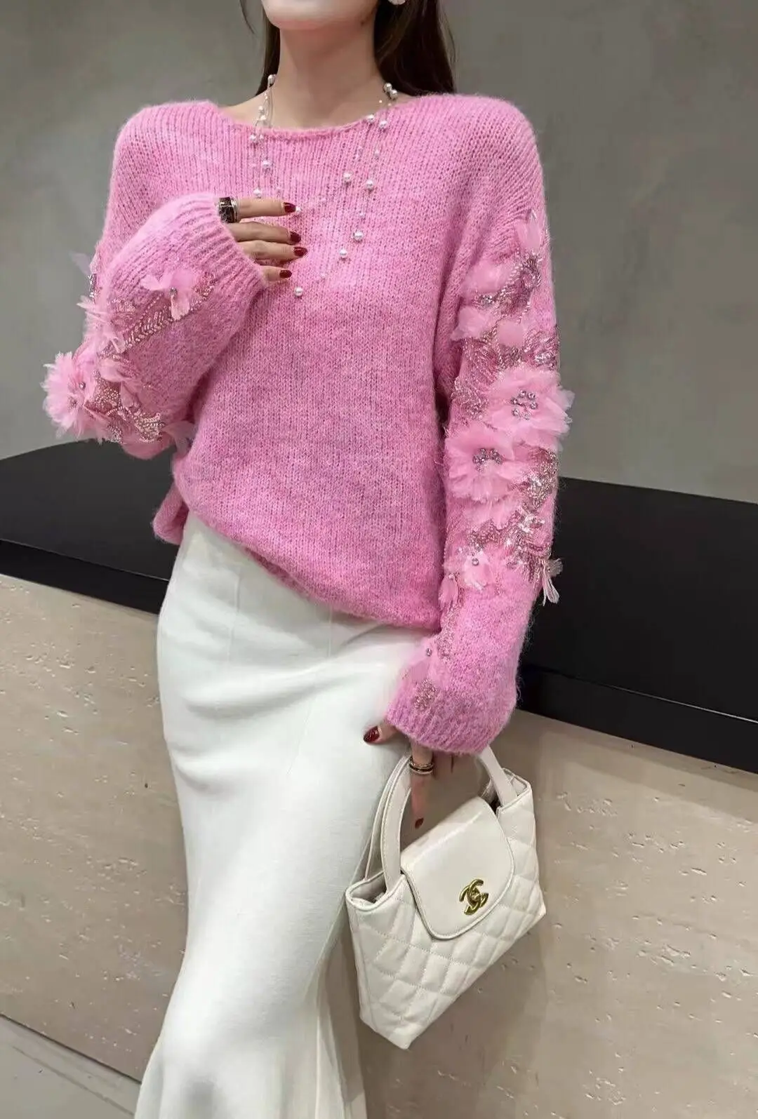 

Женский шерстяной вязаный топ с длинным рукавом и бисером, элегантный свободный крой в европейском стиле, осенне-зимний модный свитер C242