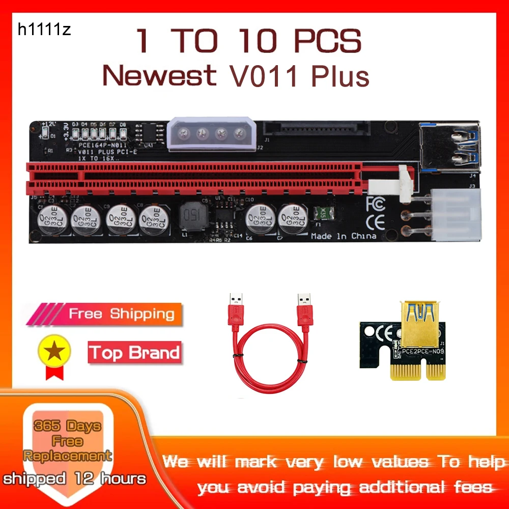 

1-10 шт. PCIE Riser 011 VER011 V011 Plus светодиодный USB 3,0 кабель Riser PCI Express X16 Extender PCI-E X1 Riser Card для майнинга BTC