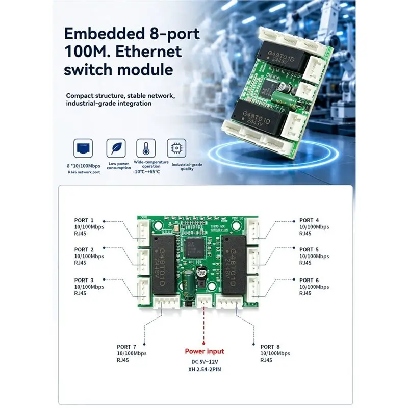 [NEW!】 Transparent Transmission 8-Port 100Mbps Ethernet Switch Module Embedded Unmanaged DC 5V-12V Network