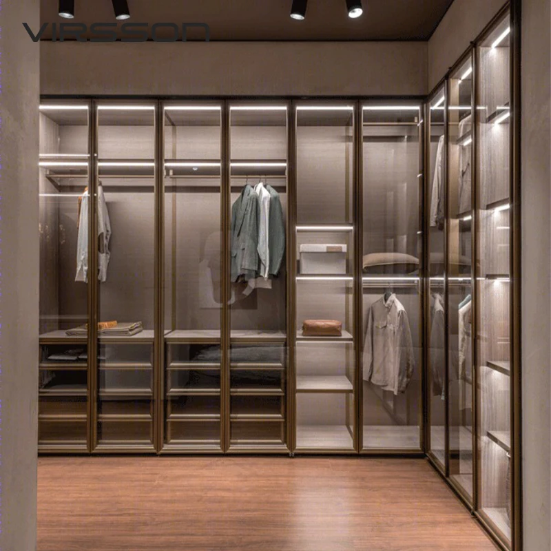 Modern Walk-In Closet System Glass Door Taupe Wardrobe Bronze Frame Translucent Drawers L-Shape Custom Design