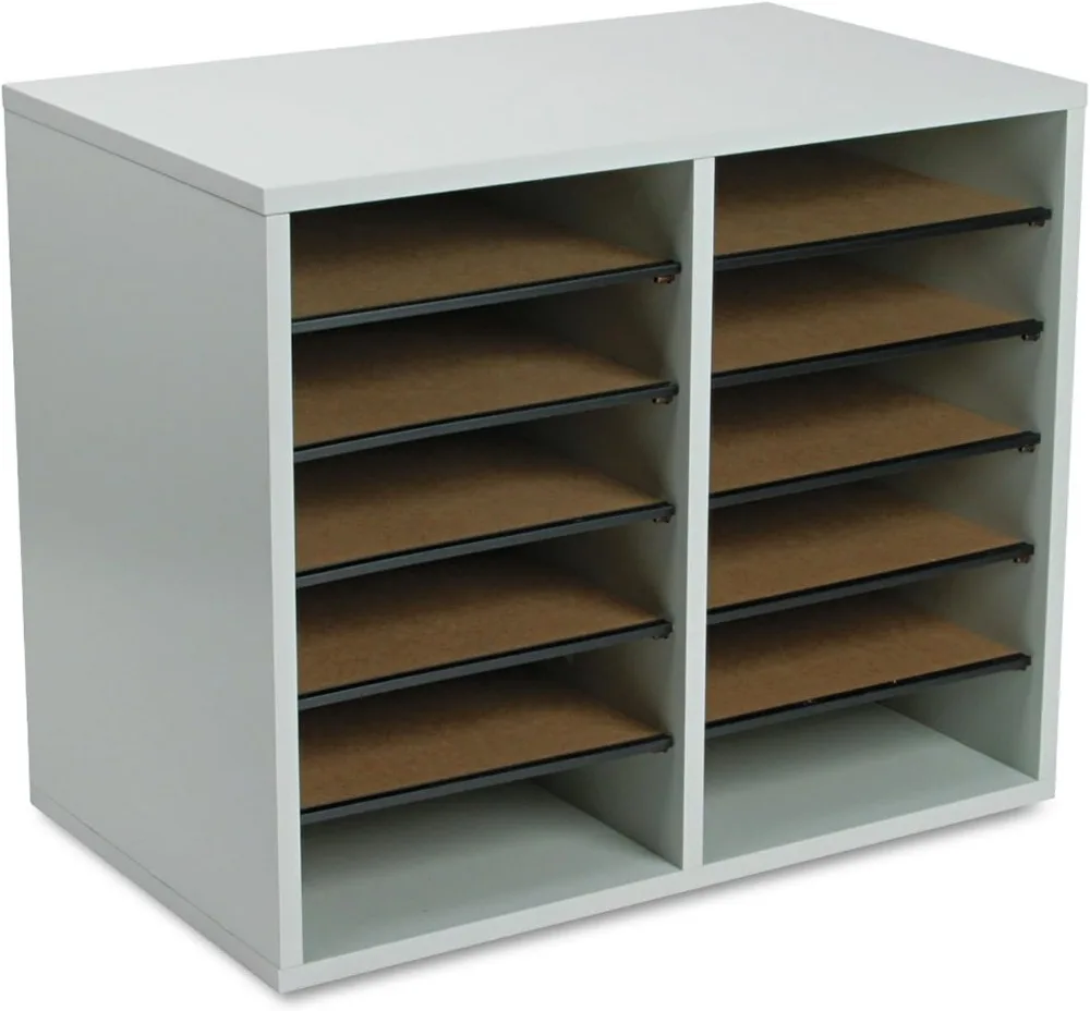12-Compartment Adjustable Literature Organizer with Stackable Design, Gray Wood Mail Sorter for Office and Classroom Use