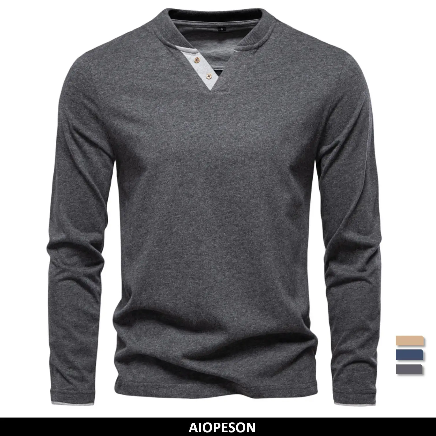 

Henley Collar T Shirt Men Casual Solid Color Long Sleeve Autumn Fashion High Quality 100% Cotton Mens T Shirts