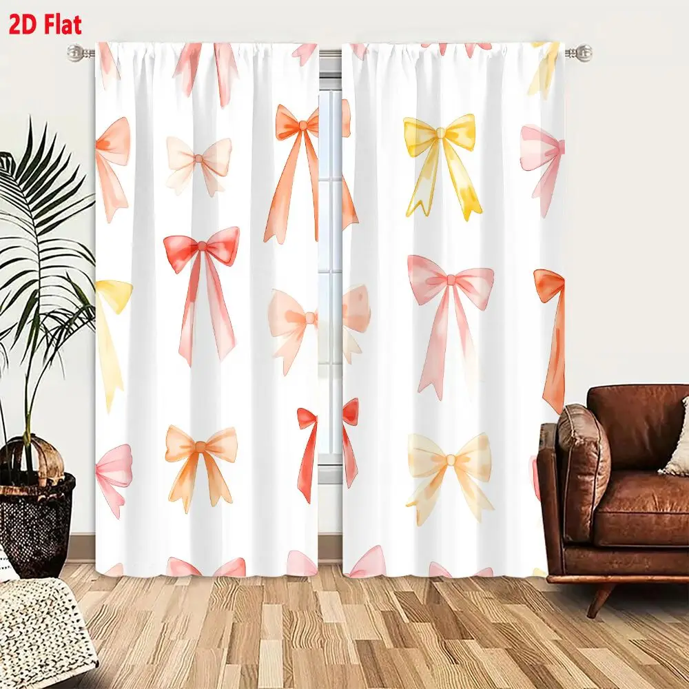 2Pcs Curtains 2D Flat Seamless Pattern Of Pastel Colored Bows Pink Peach Coral Yellow With Watercolor Hand-Drawn Texture On Whit