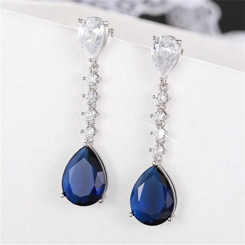 

Изысканные женские свадебные украшения: серьги из серебра 925 пробы с креативными синими кубическими циркониями в форме капли.