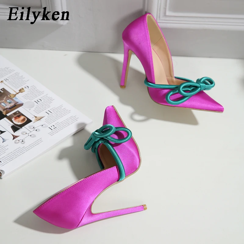 Eilyken 2024 New Shoes Pumps Women Fashion Silk Butterfly Knot Sexy Pointed Toe Stripper Heels Party Female Sandals