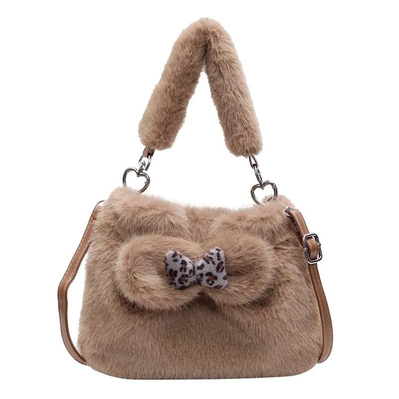 

Cute Girls Bow Knot Plush Handbag Korean Ladies Winter Soft Fluffy Shoulder Bag With Top Handle Faux Fur White Crossbody Bag
