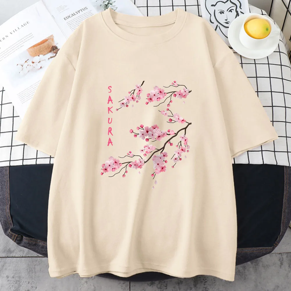 Sakura Cherry Blossom Women\'s T-shirt 100% Cotton Short Sleeve T Shirt Funny Lovely Print Tee Shirt Female Clothing High Quality