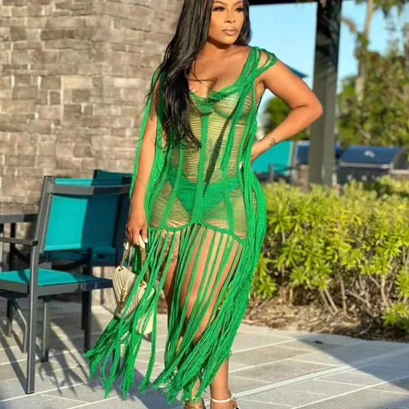 Sexy Fransen Quaste gestrickt häkeln Tunika Cover-up Strandkleid Damen Bademode durchsichtig Urlaub Party Maxikleider Urlaub