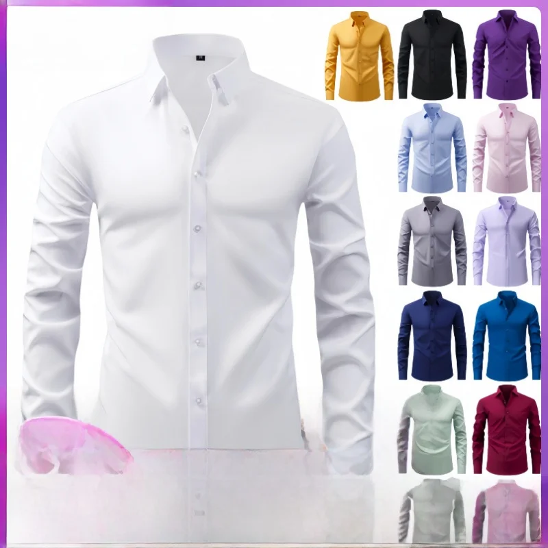 

Men's plus Size irt Four-Sided Elastic l Button Cross-Border Busin Casual Anti-Wrinkle No-Ironing Required