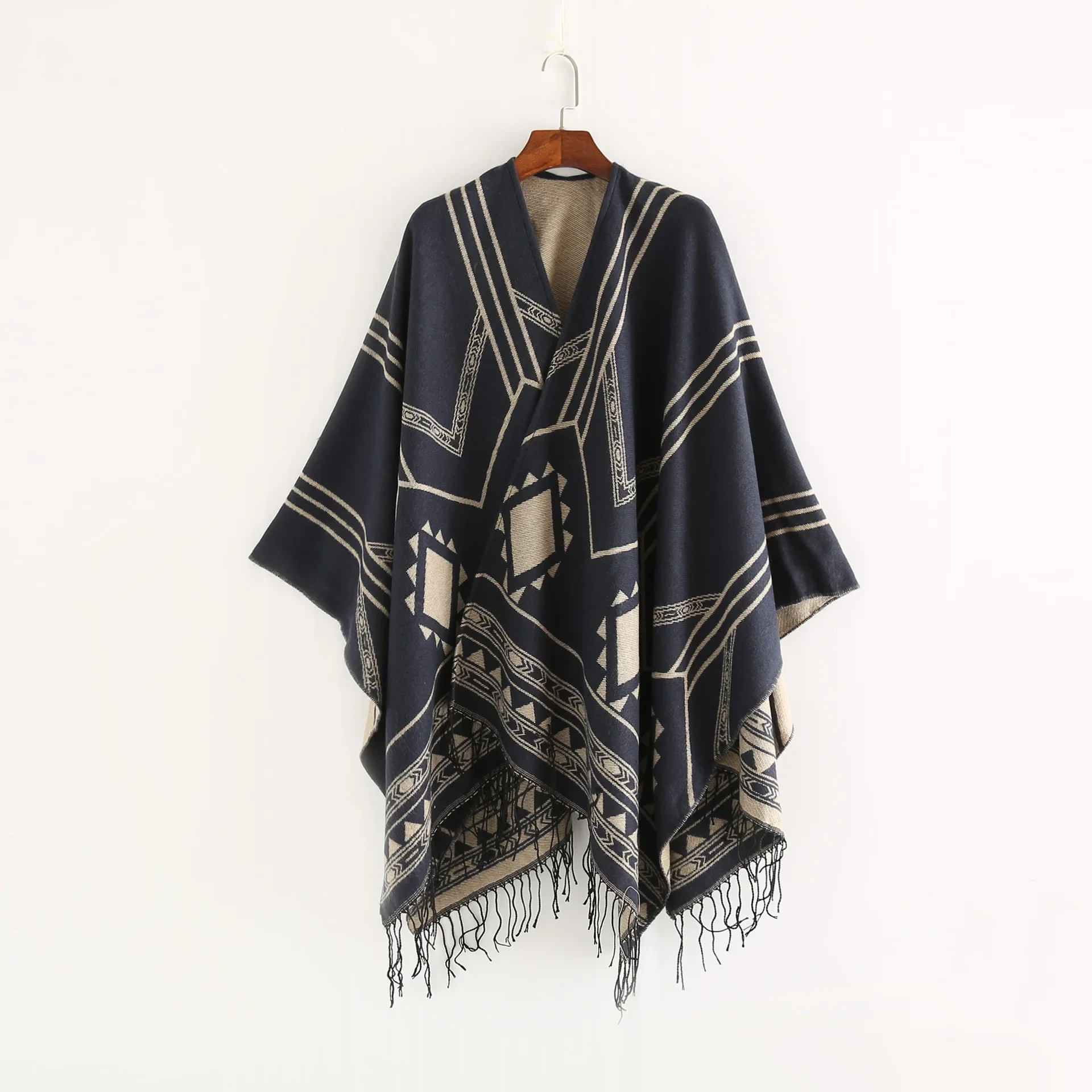 

New Indian Nepalese Style Geometric Tassel Split Women Shawl Warm Air Conditioning Room Lady Cloak Poncho Capes Navy