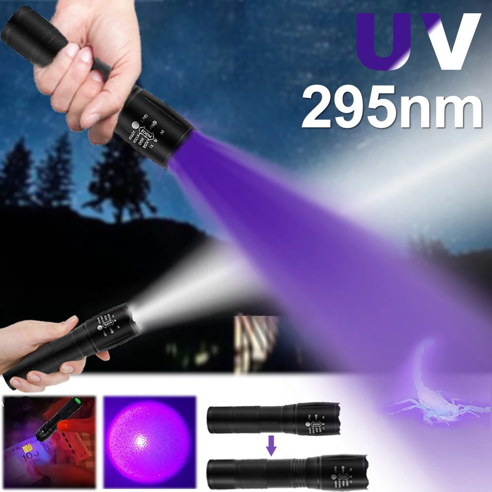 Purple White Dual Lights Flashlight Ultraviolet Torch Zoom Retractable UV Flashlight Fluorescent Agent Detection Portable Lamp