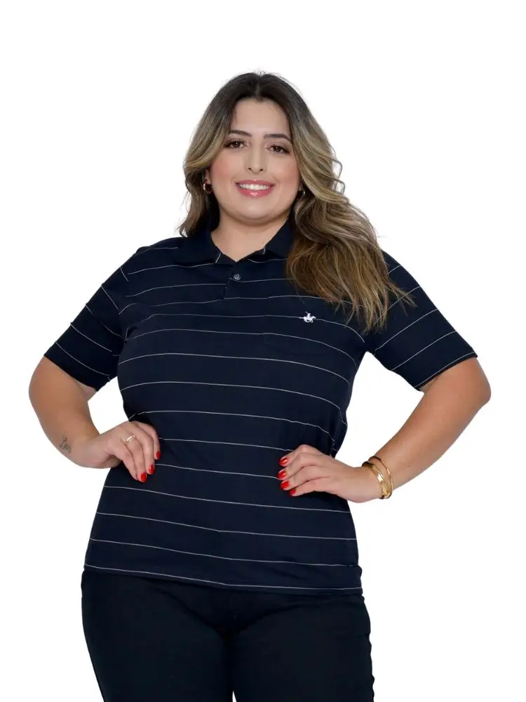 Camisa Feminina Gola Polo Listrada Preta Plus Size