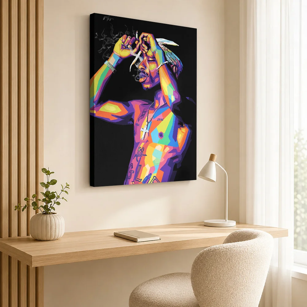 Tupac Shakur Portrait Framed Canvas Poster Customized Photo Geometric Color Blocking Wall Art For Record Shop Listening Area